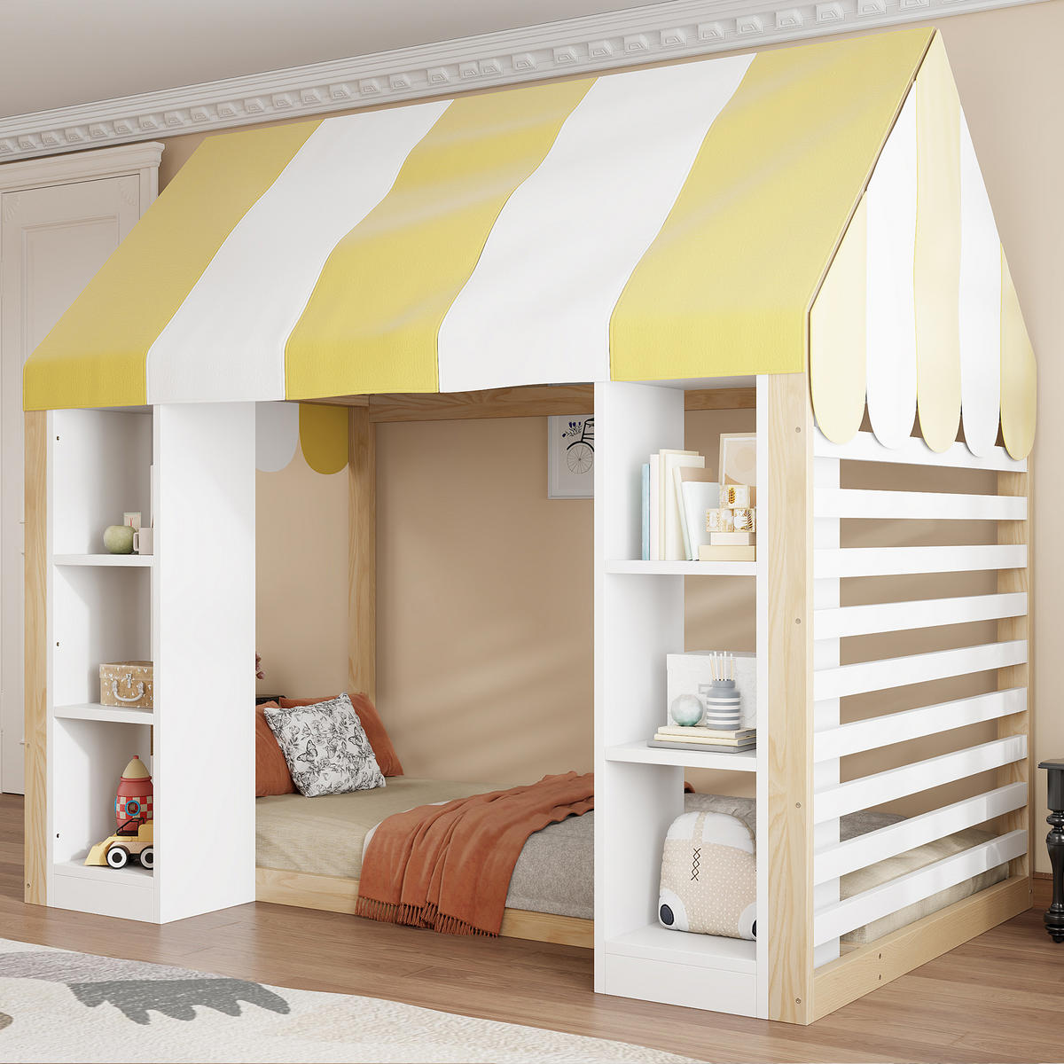 HAUSBETT 90/200 cm mit Himmelbett und Stauraum, DE-41618, in Holzfarbe/Weiß - Naturfarben/Weiß, Holzwerkstoff (90/200cm) - ComfortXL