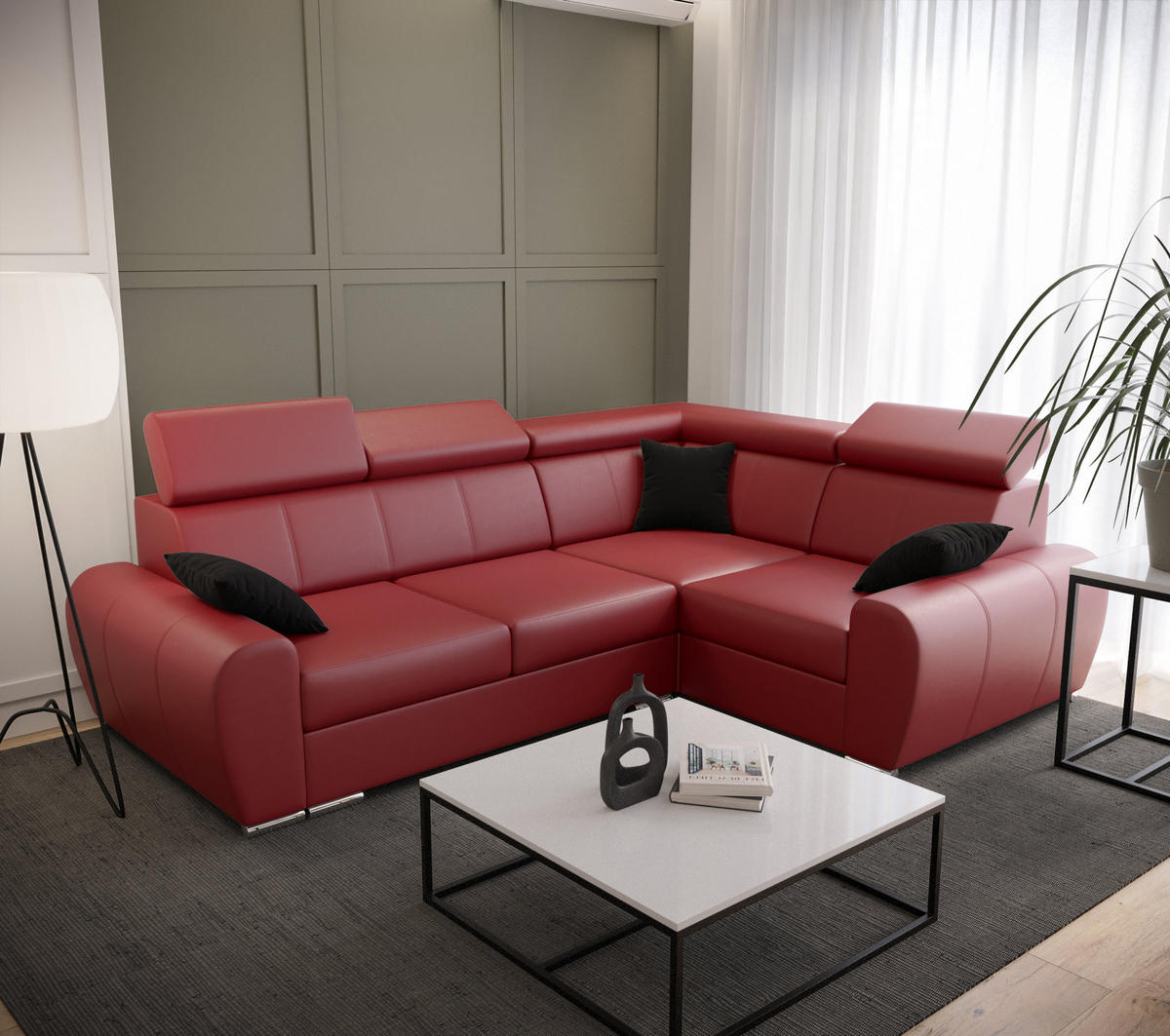ECKSOFA APOLLO KN08, Eckcouch in L-Form mit Schlaffunktion, Farbe: Rot, Kunstleder, Ottomane Rechts - Rot, Textil (255/190cm) - O-Sofa