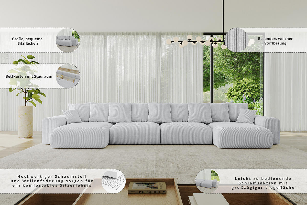 WOHNLANDSCHAFT mit Schlaffunktion ESKAR-U2-464x176x84cm Beige - Cappuccino, Holzwerkstoff/Kunststoff (176/72/464cm) - ALTDECOR