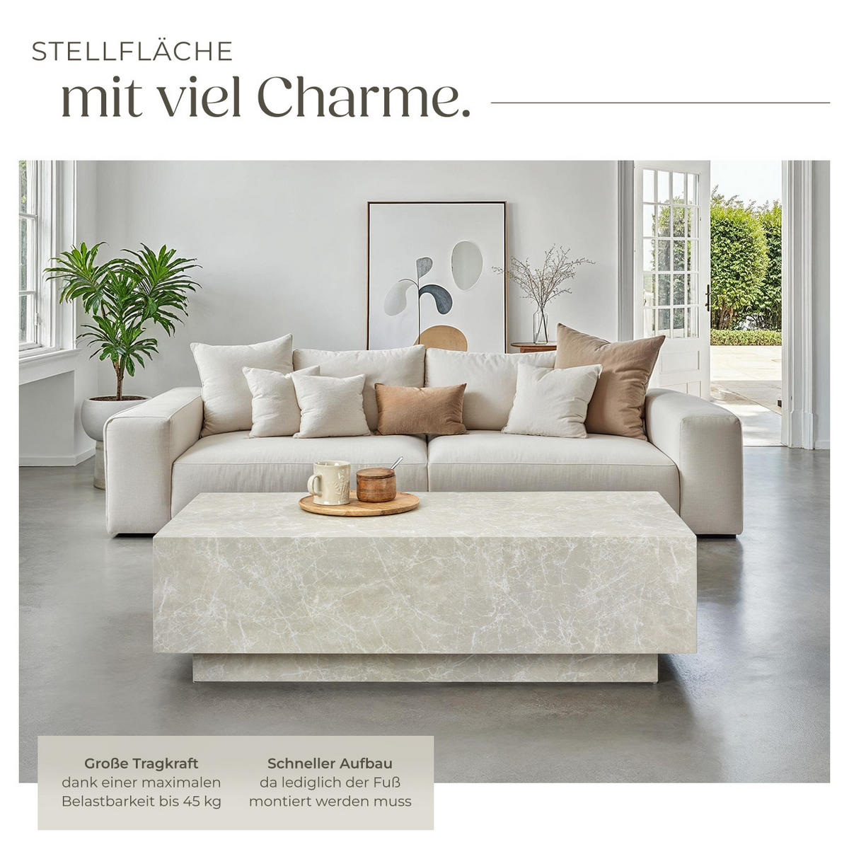 COUCHTISCH Lasley,inkl. Bodenschoner, Belastbarkeit 45 kg,Travertin Optik - Beige, Holz (60/120/35cm) - tectake