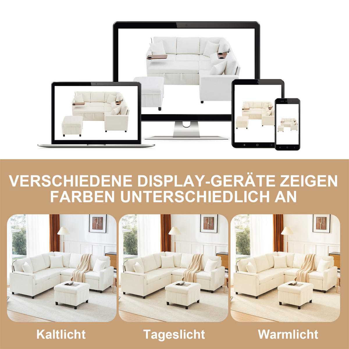 ECKSOFA Chenille mit Schlaffunktion, Hocker und USB-Anschluss 205/205/85 cm Beige - Beige, Textil (205/205cm) - Redom