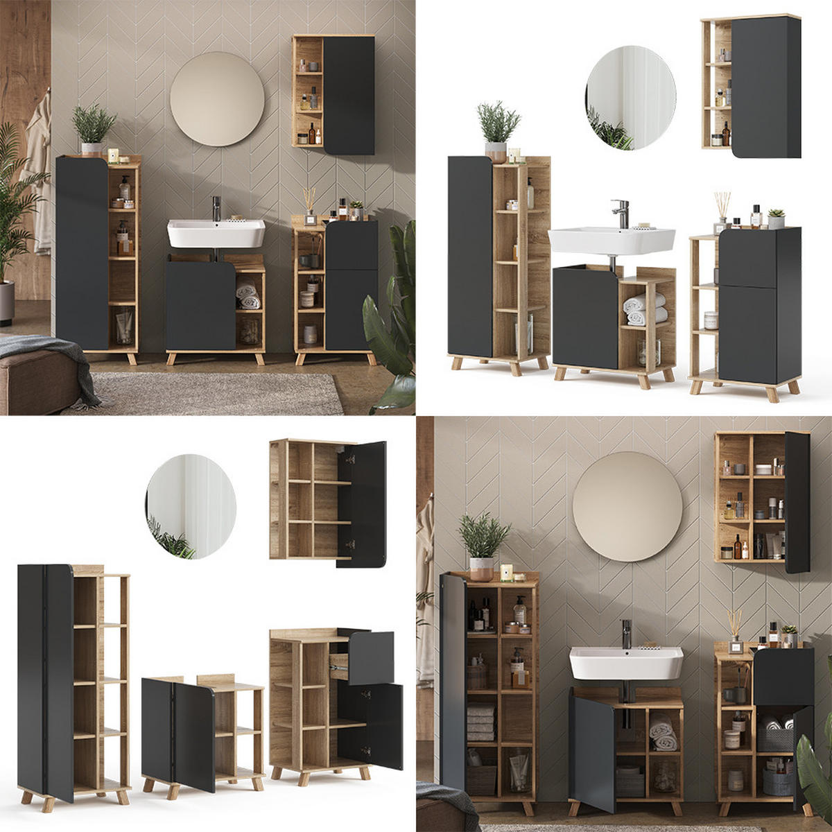 BADMÖBEL-SET Karen Anthrazit 5 Teile - Anthrazit/Sonoma Eiche, Holzwerkstoff (60/65/35cm) - Vicco