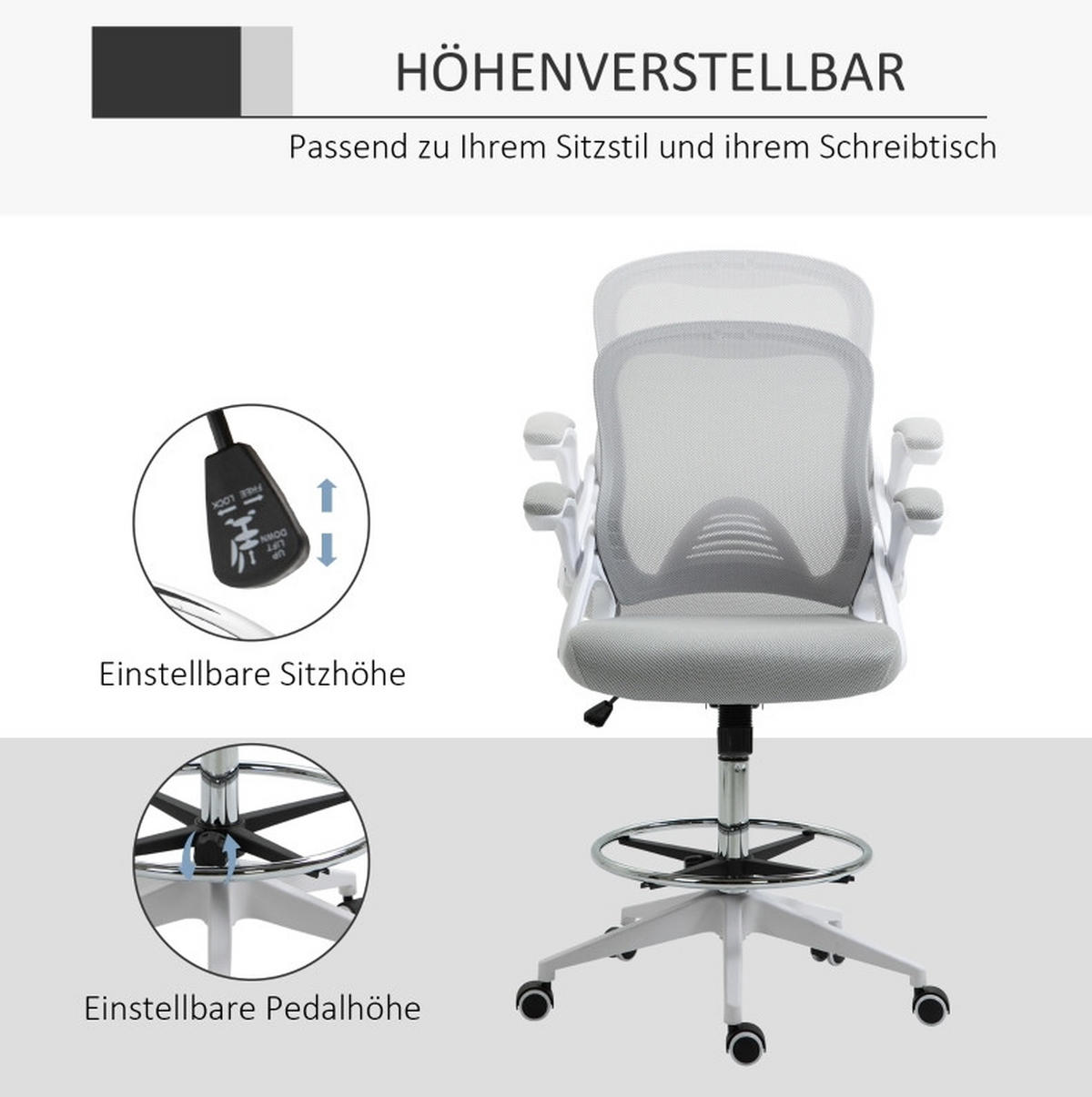 BÜROSTUHL ergonomisch höhenverstellbar Light Gray - Hellgrau, Kunststoff (60/126/64cm) - Meubliv