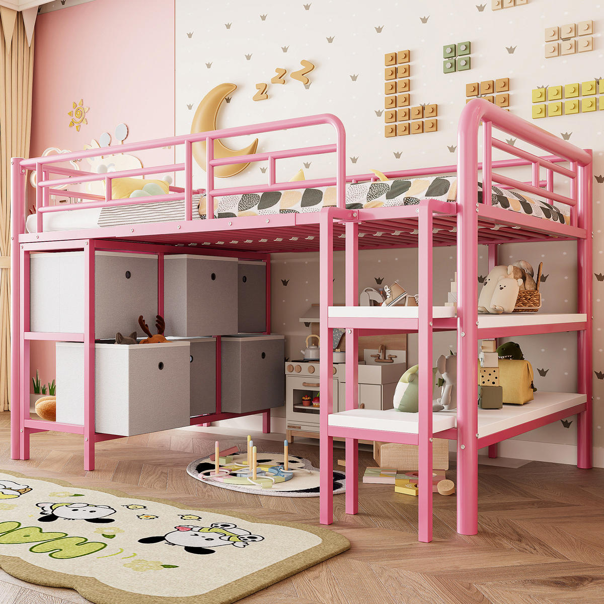 HOCHBETT 90/200 cm aus Metall und MDF mit Stauraumtreppe Rosa/Weiß - Rosa, Metall (90/200cm) - Modenvie