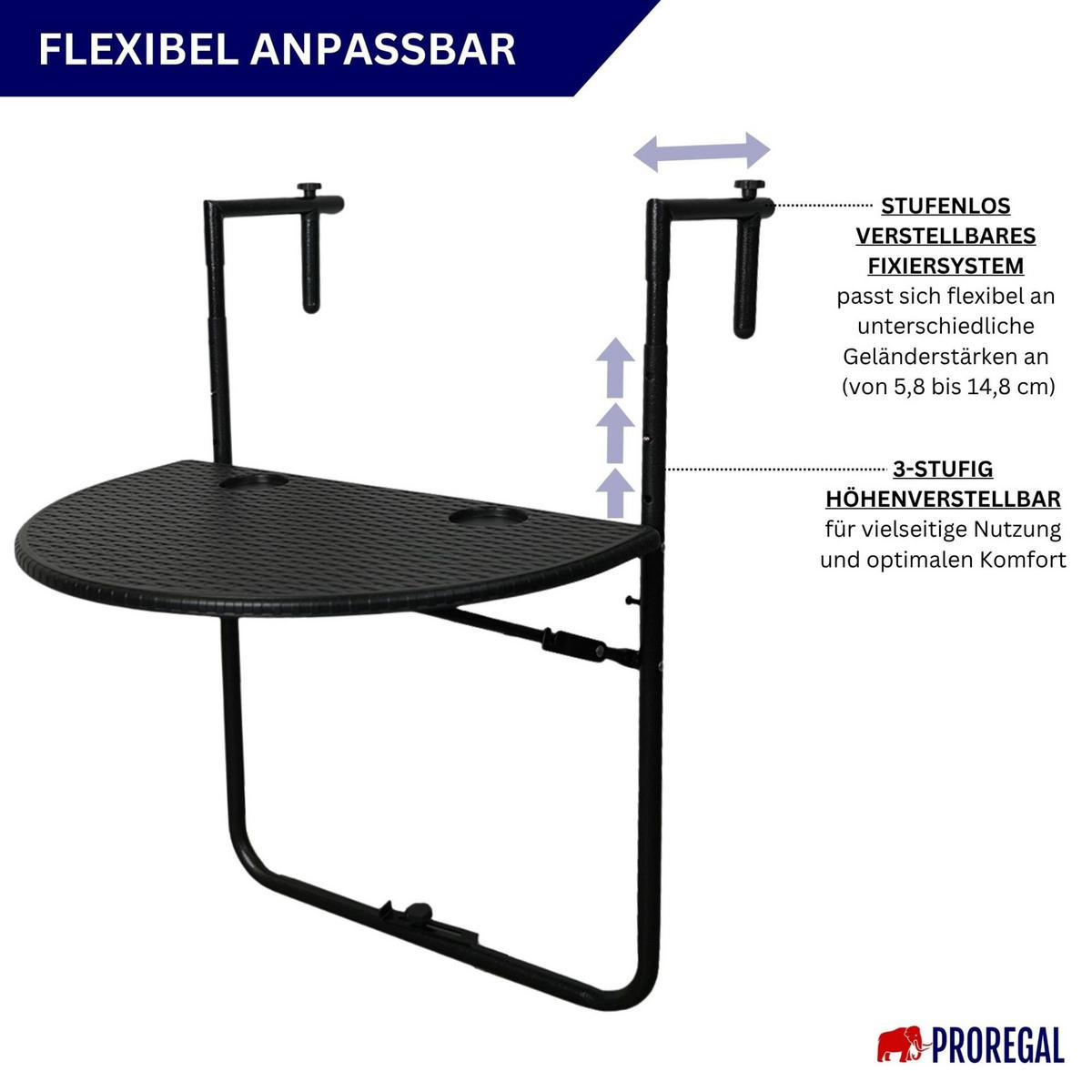 BALKONHÄNGETISCH klappbar wetterfest 60x40cm Rattan Optik Schwarz - Schwarz, Kunststoff (40/60/78cm) - CHEFGASTRO