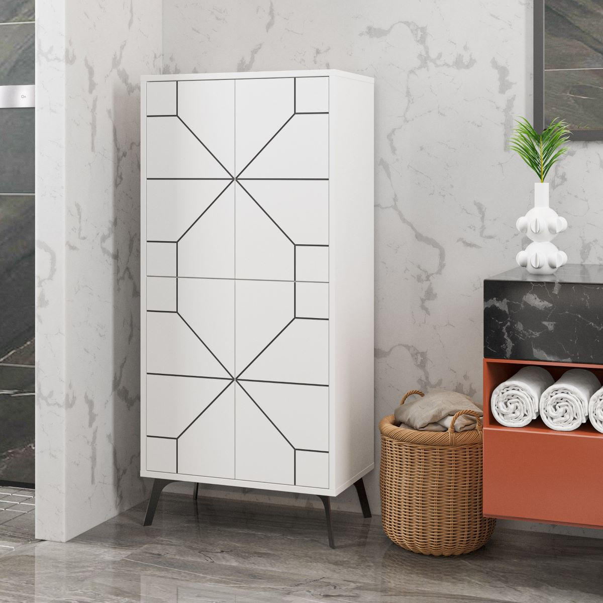 HIGHBOARD mit 4 weißen Türen und schwarzen Dekorationen H136 cm - Dune - Weiß, Holzwerkstoff (35.6/136/62.6cm) - Calicosy