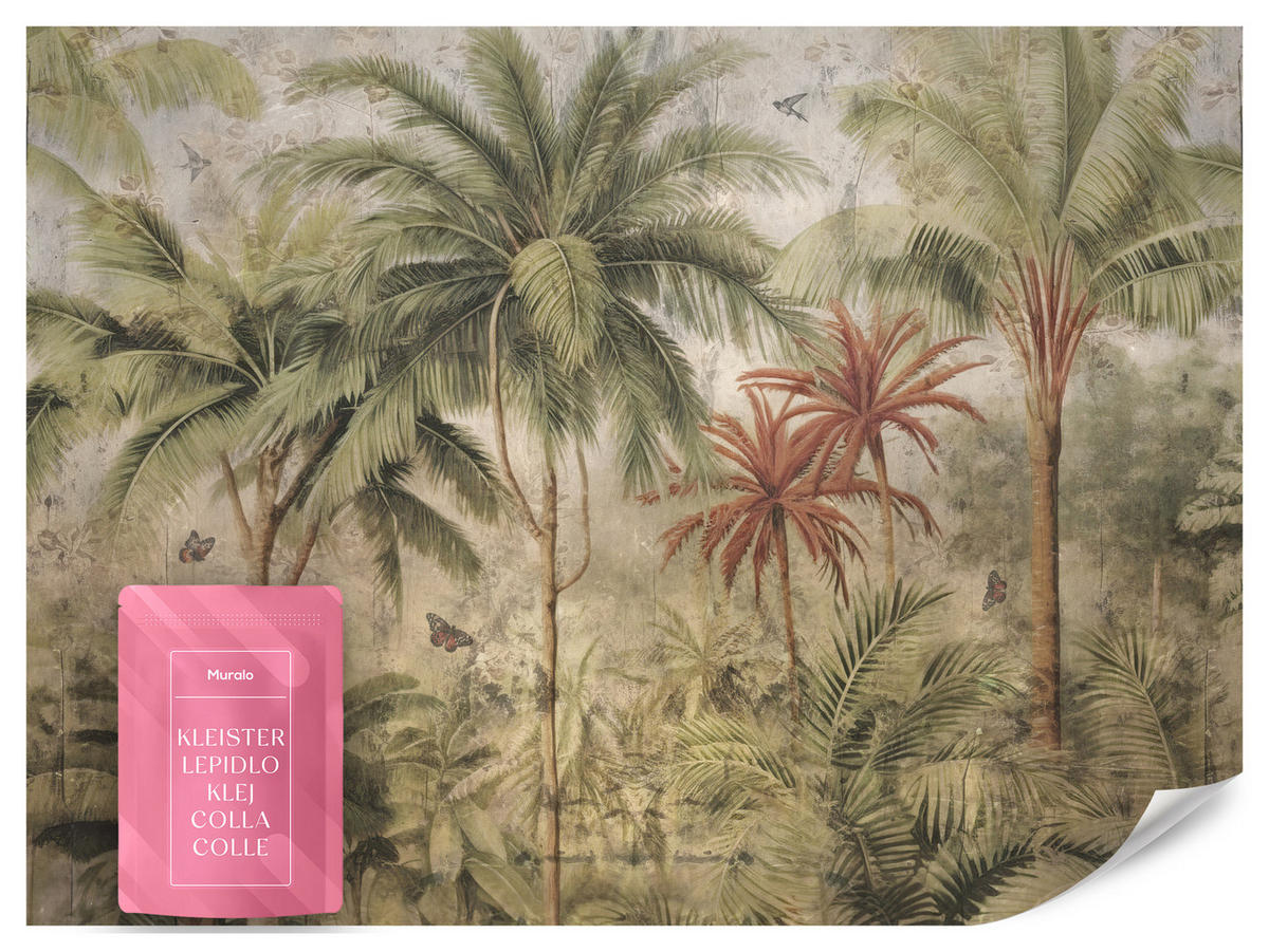 FOTOTAPETE Dschungel Tropische Pflanzen Beton Vintage 300x210 - Beige/Orange, Papier (300/210cm) - Muralo