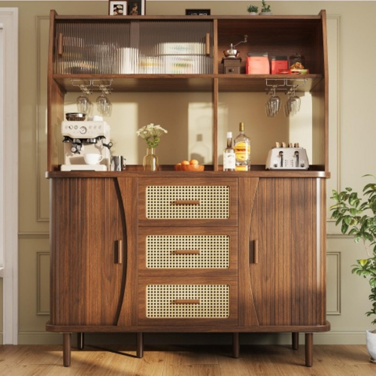 HOCHSCHRANK Nussbaumoptik aus MDF und Metall mit Rattanschubladen & Glasschiebetüren 140×40,5×174,5 cm - Nussbaumfarben, Holzwerkstoff (140/174.5/40.5cm) - Luhomfu