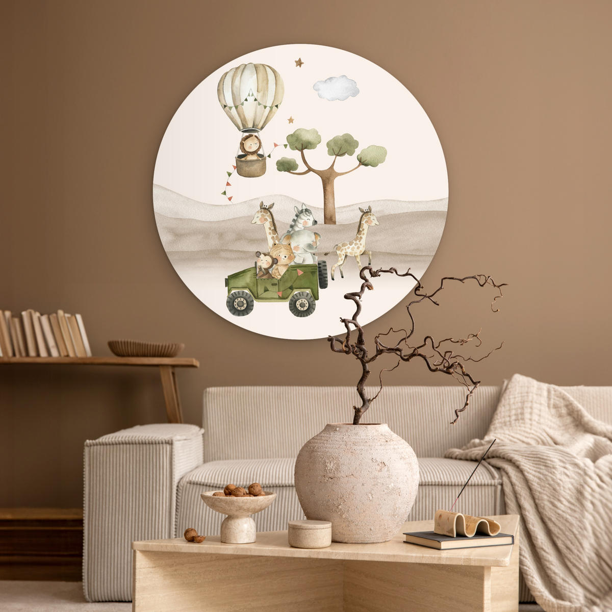 WANDBILD Wilde Tiere - Safari - Aquarell - Heißluftballon 90x90 cm - Beige, Kunststoff (90/90cm) - MuchoWow