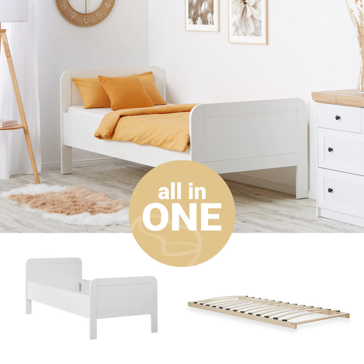 HOLZBETT Seniorenbett 90/200 weiß mit Lattenrost - Weiß, Holz (90/200cm) - Homestyle4u