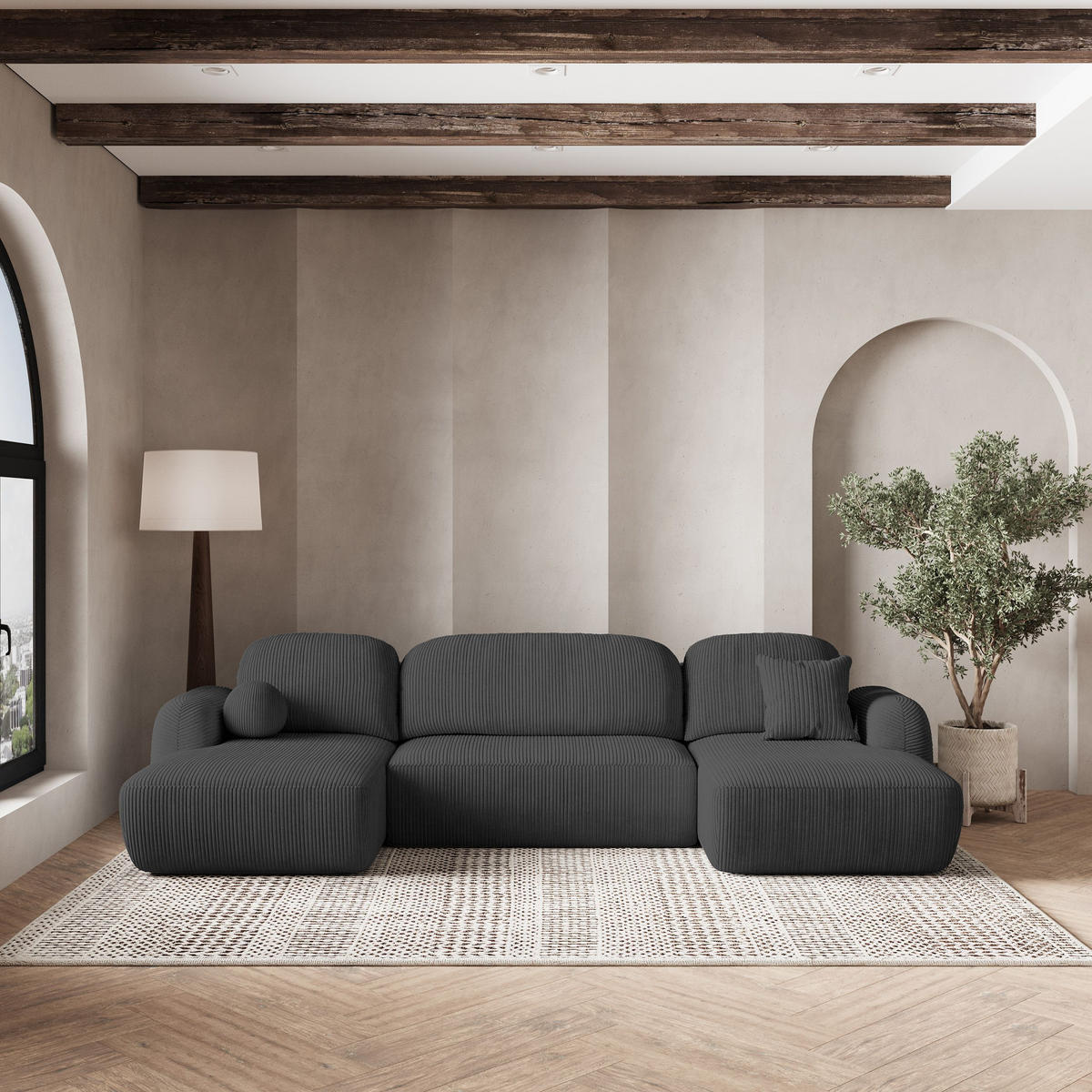 ROHOVÁ SEDAČKA SAVONA grafitová - černá/grafitová, dřevo/textil (320/148cm) - MASSENO