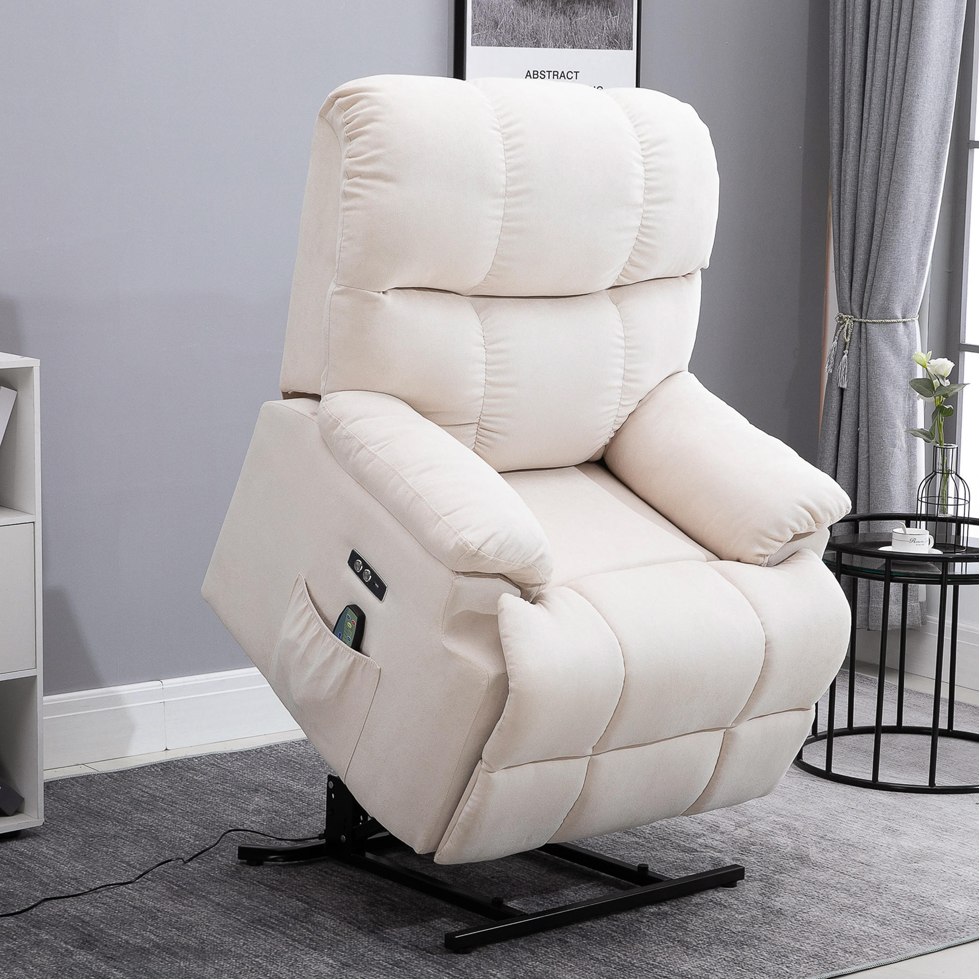 SESSEL mit aufstehhilfe Relaxsessel Fernbedienung USB Kurzplüsch Creme - Weiß, Kunststoff (95/105/83cm) - HOMCOM