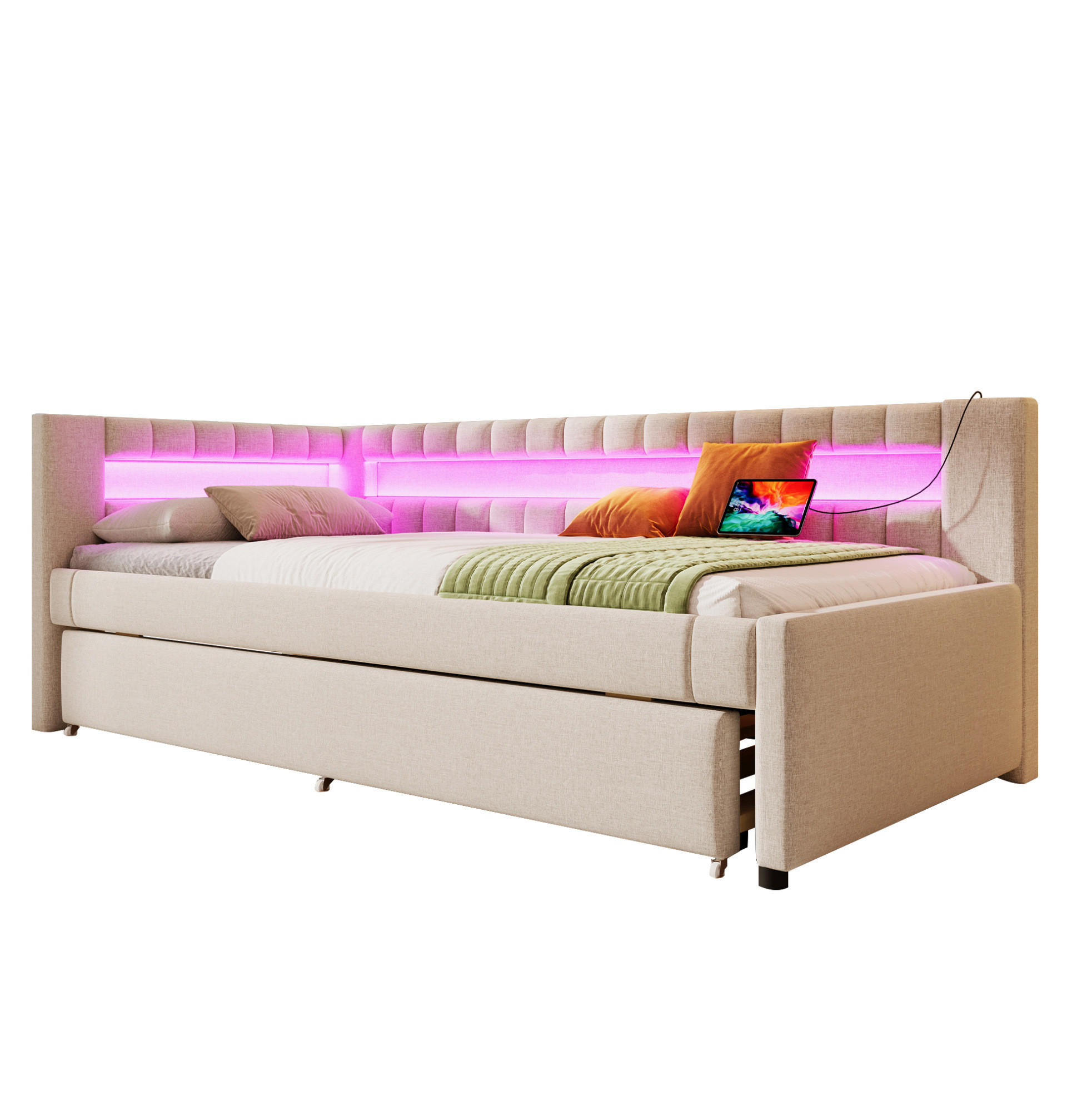 POLSTERBETT 90/200 cm Beige aus Leinen mit Ausziehbett und LED-Lichtleiste - Beige, Textil (90/200cm) - OKMYHOME