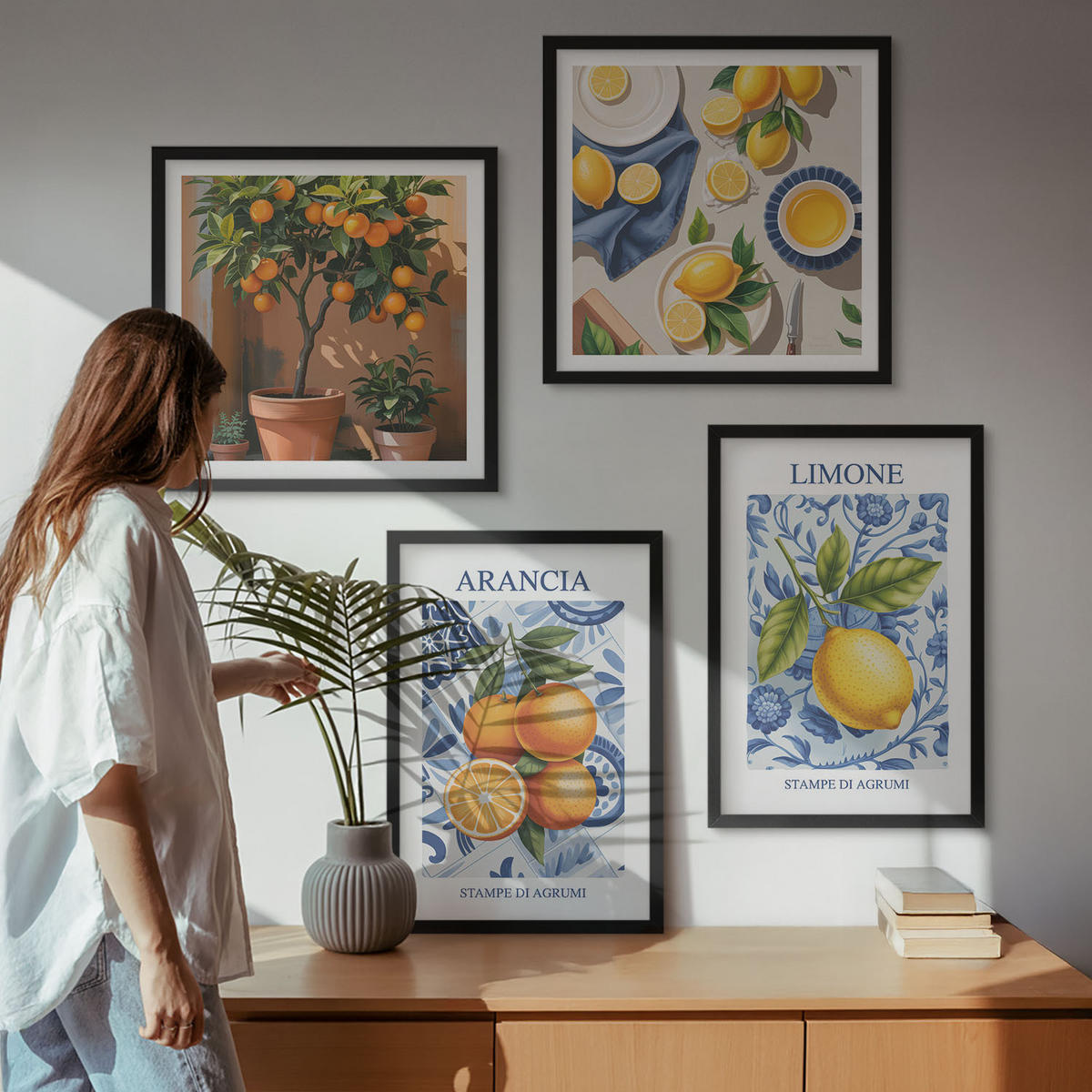 BILDER SET 4er Set - 50x50 cm & 40x60 cm Schwarzer Rahmen - Illustrationen von Zitrusfrüchten - Schwarz, Kunststoff (50/50cm) - TULUP