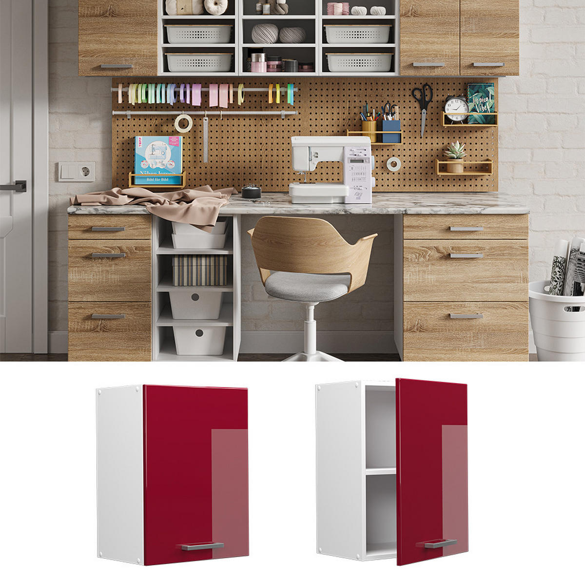 UNIVERZÁLNÍ NÁSTĚNNÁ SKŘÍŇKA R-Line Bordó červená vysoký lesk - bílá/bordeaux, kompozitní dřevo (45/60/31cm) - Vicco