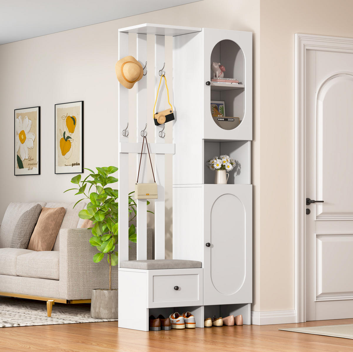 GARDEROBE 85/200/33,5 cm Weiß aus Spanplatte mit gehärtetem Glas und Schuhbank - Weiß, Holzwerkstoff (33.5/200/85cm) - OKMYHOME