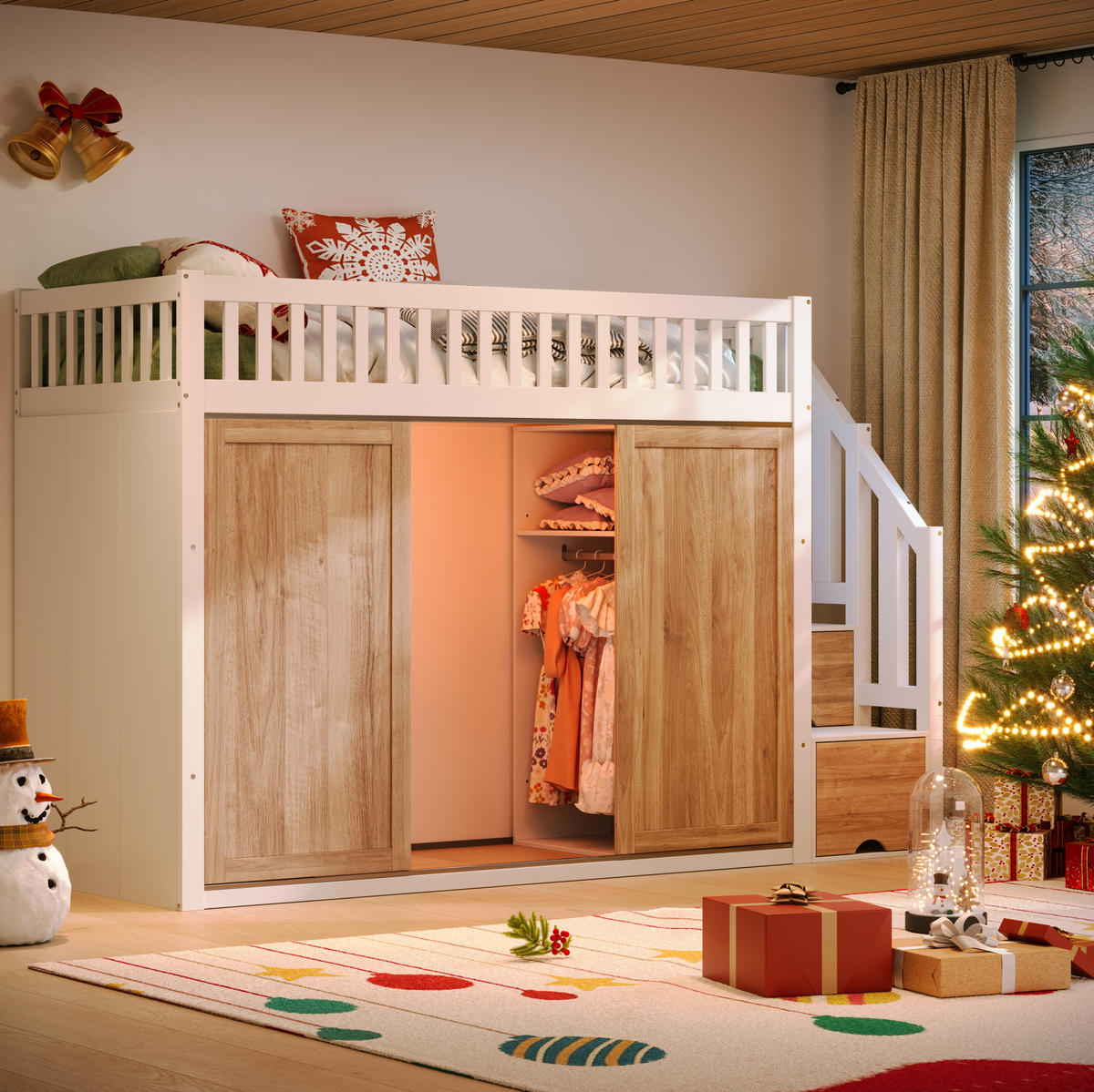 HOCHBETT 90/200 cm mit Kleiderschrank, Treppenschrank und App-gesteuerter LED-Lichtleiste, Weiß/Eichefarben - Weiß, Holzwerkstoff (90/200cm) - Redom
