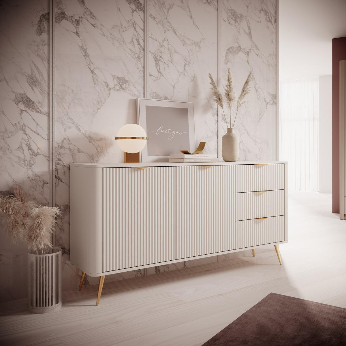KOMMODE 2 Türen Brando 163 cm, 3 Schubladen, Beige - Beige/Goldfarben, Holz/Metall (163/81/38cm) - Emporius