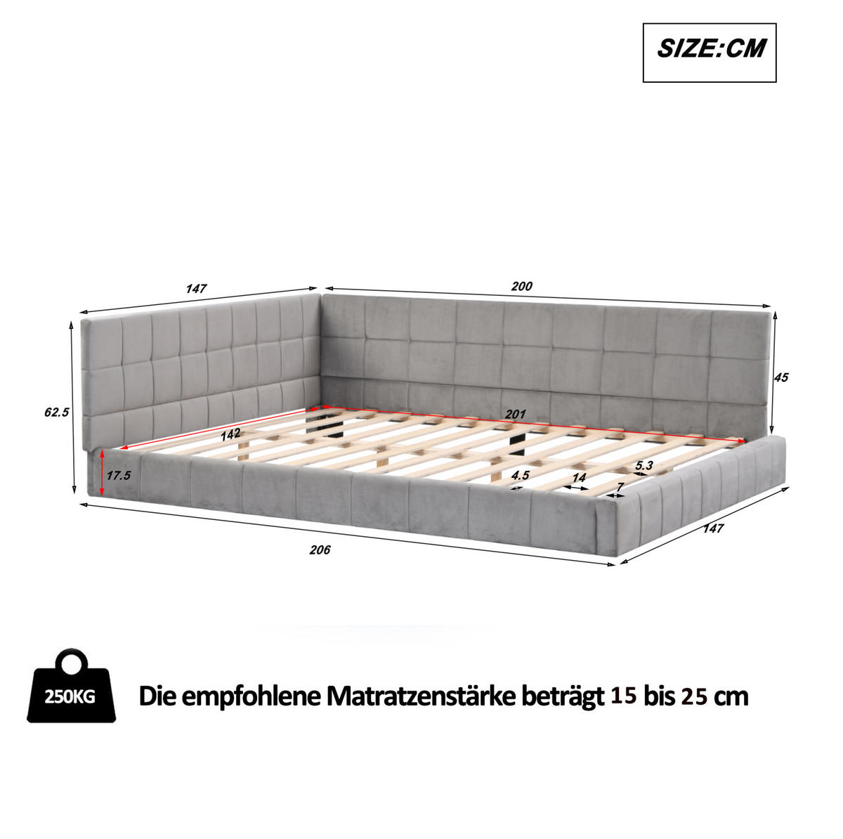 POLSTERBETT 140/200 cm mit Rückenlehne und Samtpolsterung Grau - Grau, Leder (140/200cm) - OKWISH