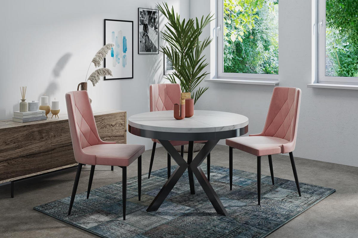 ESSTISCH Velma runder ausziehbarer, Marmor Weiß 100-140/100/76 cm - Ecru/Schwarz, Holzwerkstoff/Metall (100/100/76cm) - WFL GROUP