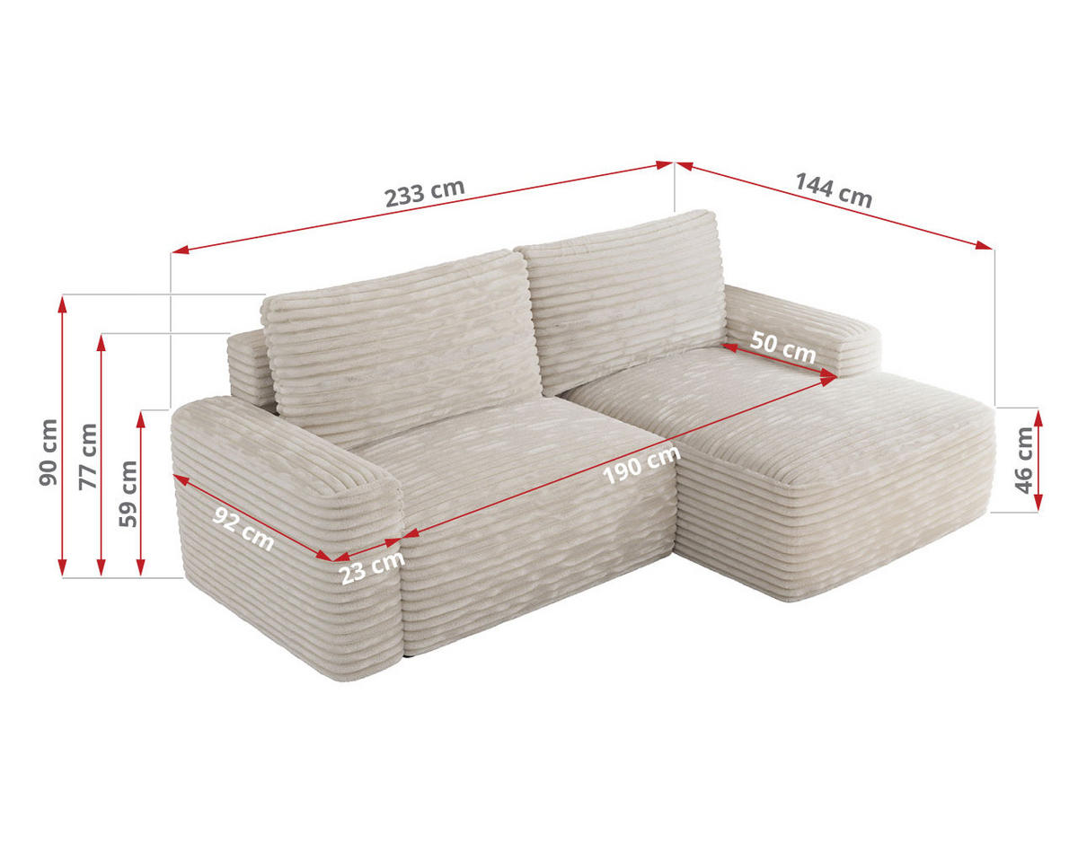 ECKSOFA BELLUNO L Creme Cord - Rechts - Creme/Schwarz, Textil (233/144cm) - MKS