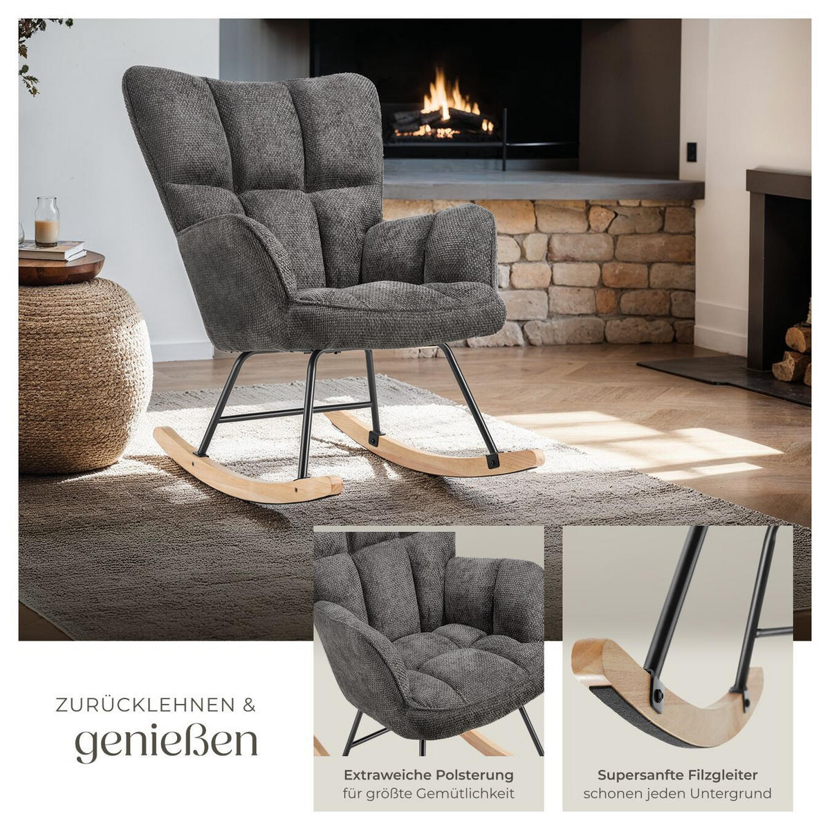 SCHAUKELSTUHL Torve, 68 x 96 x 97 cm, Belastbarkeit 120 kg, Chenille anthrazit - Anthrazit, Kunststoff (70/97/96cm) - tectake