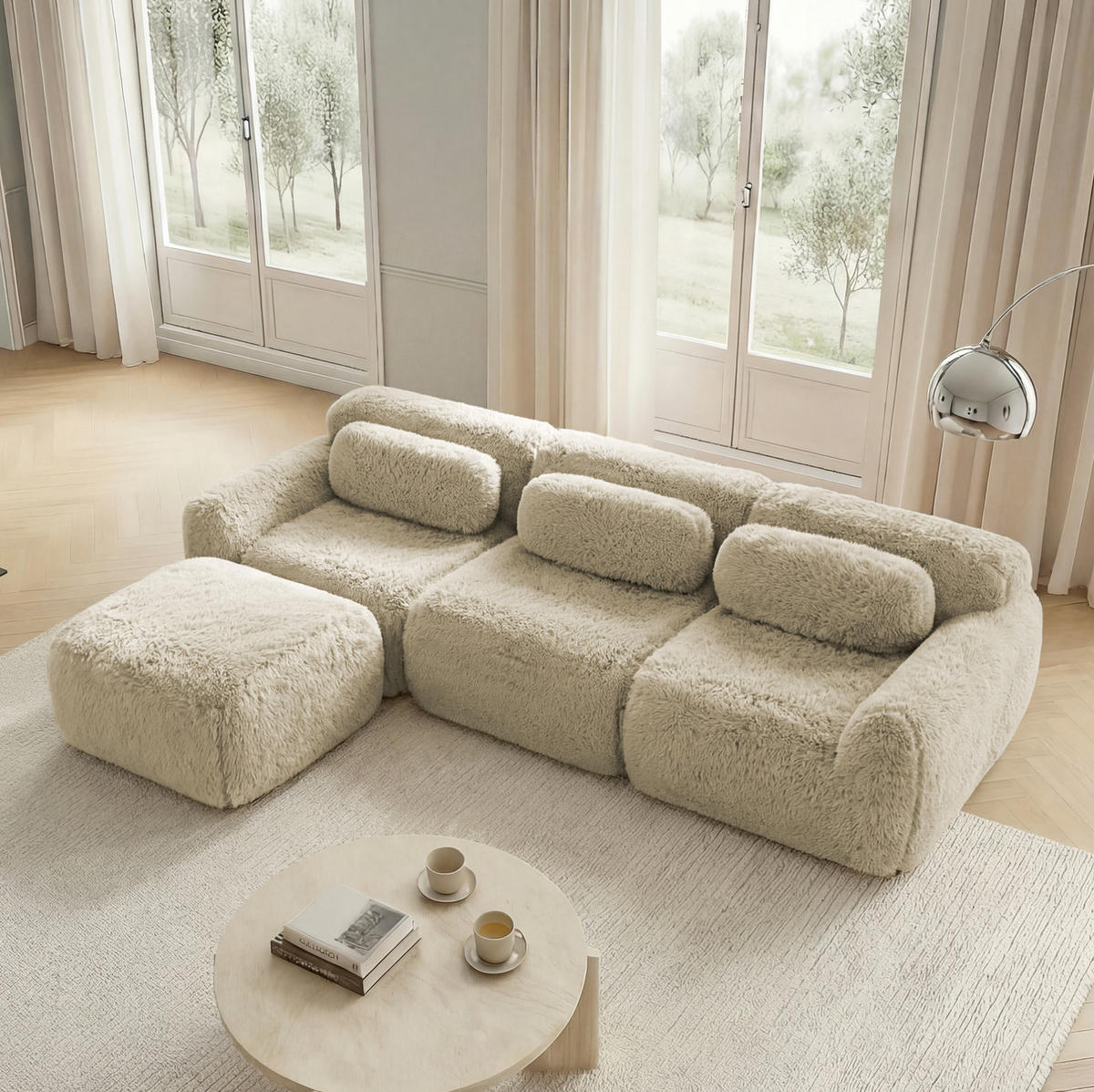 ECKSOFA 291/179/73 cm hellkhaki aus Plüschstoff rahmenlos modular mit Kissen - Beige, Textil (179/291cm) - OKWISH