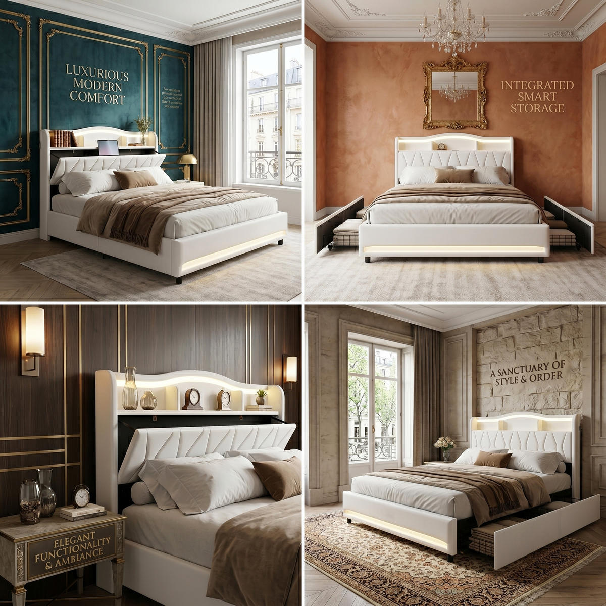 POLSTERBETT Geometrisch 140/200 cm mit 4 Schubladen & App-LED Samtoptik Beige - Beige, Textil (140/200cm) - Creahappy