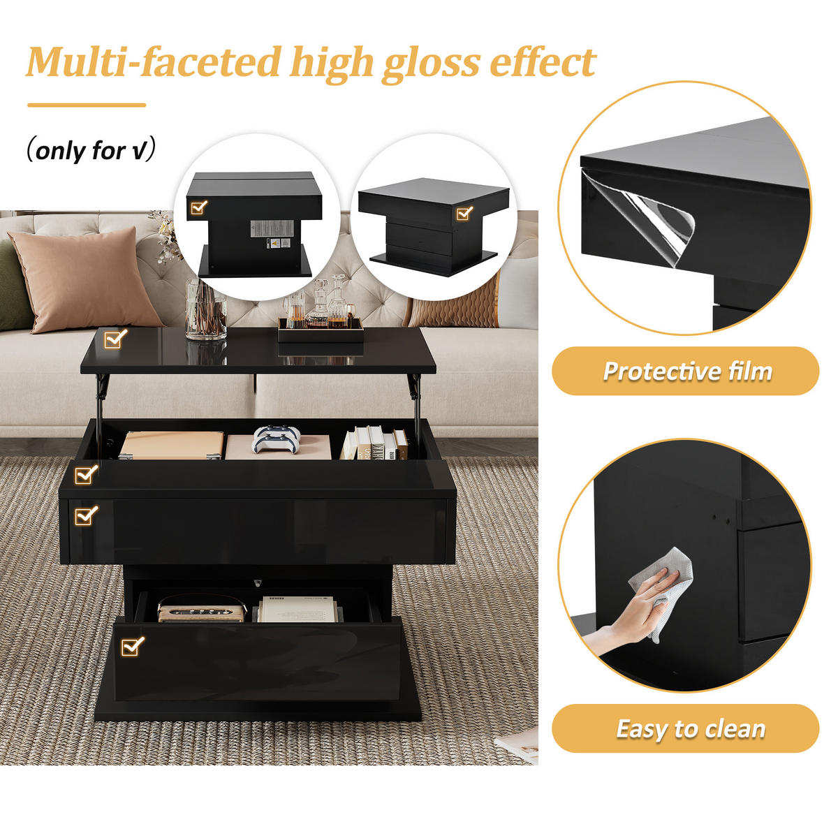 COUCHTISCH, drehbare Liftplatte, Hochglanz Schwarz, 1 Schublade & Stauraum, 70/70/45–59 cm,Schwarz - Schwarz, Holzwerkstoff (70/70/45cm) - Redom
