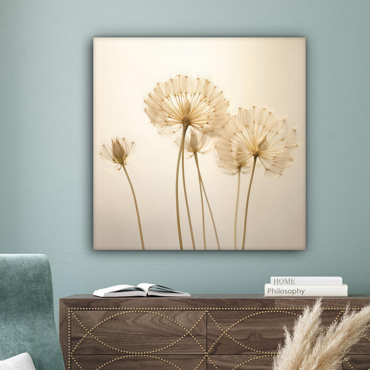 LEINWANDBILD Sonnenlicht - Löwenzahn - Botanisch - Blumen 90x90 cm - Creme, Textil (90/90cm) - MuchoWow