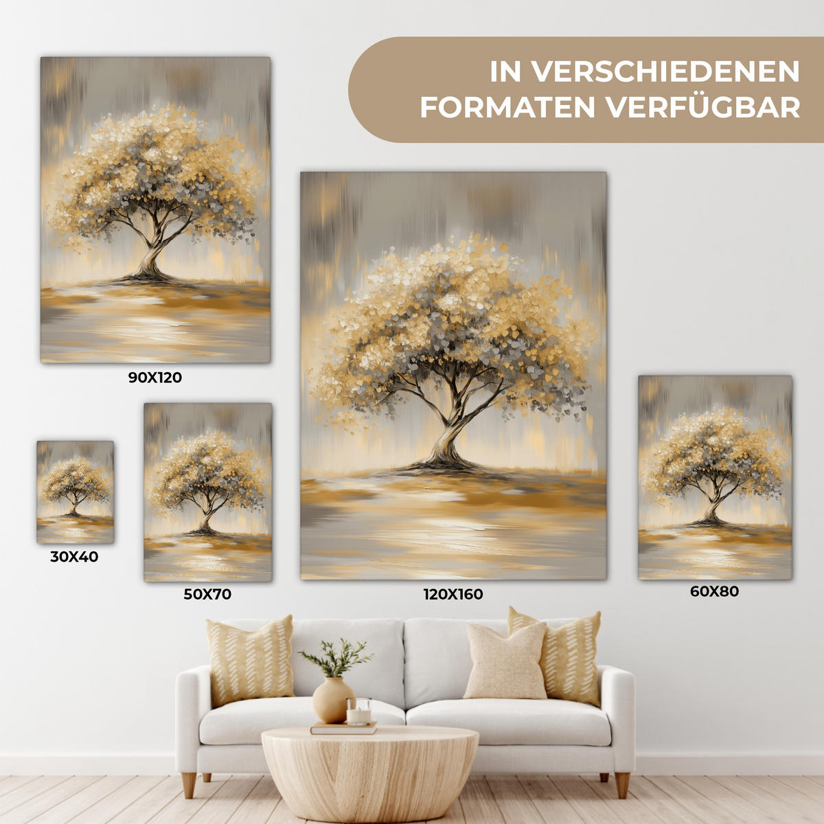 LEINWANDBILD Gemälde - Baum - Abstrakt - Blätter Wandbild Wohnzimmer 60x80 cm - Beige, Textil (60/80cm) - MuchoWow