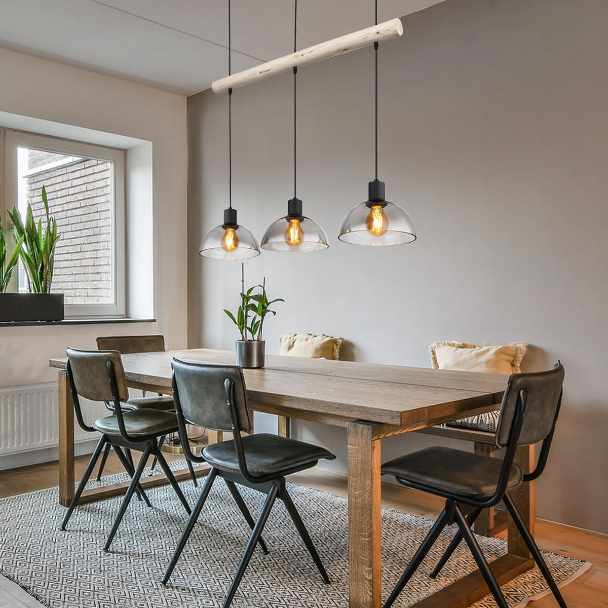 HÄNGELEUCHTE Metall Glas Schwarz - Braun, Holz (80/20/120cm) - Globo Lighting