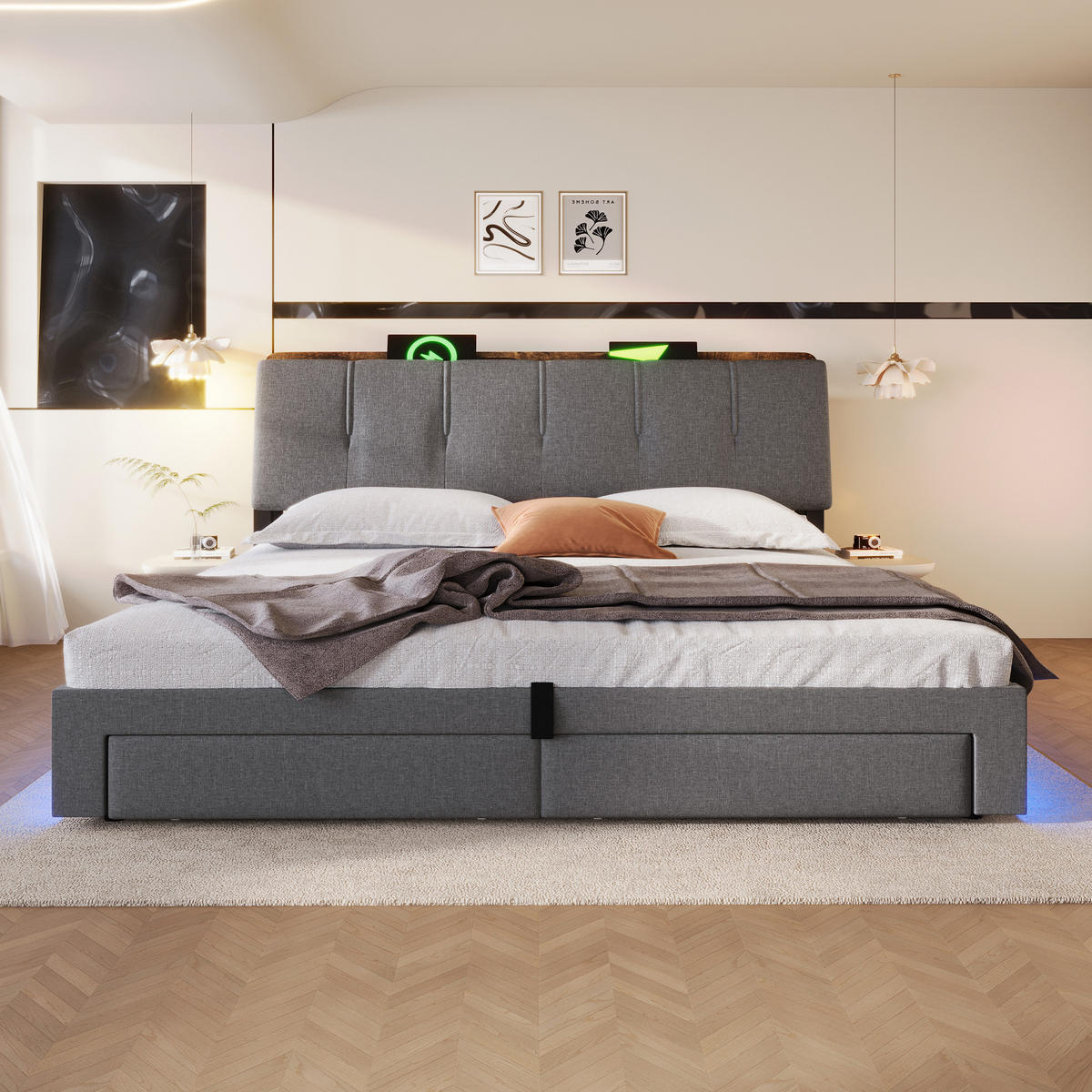 POLSTERBETT 180/200 cm in Grau Leinen mit Bettkasten, LED, USB und Typ-C - Grau, Holzwerkstoff/Textil (180/200cm) - WISHDOR