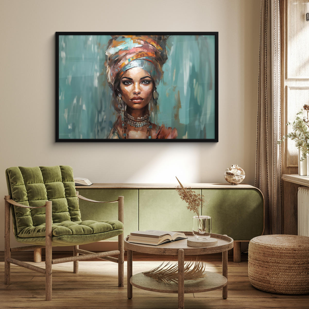 ZARÁMOVANÝ PLAGÁT Žena - Umenie - Šperky - Portrét 120x80 cm - modrosivá, papier (120/80cm) - MuchoWow