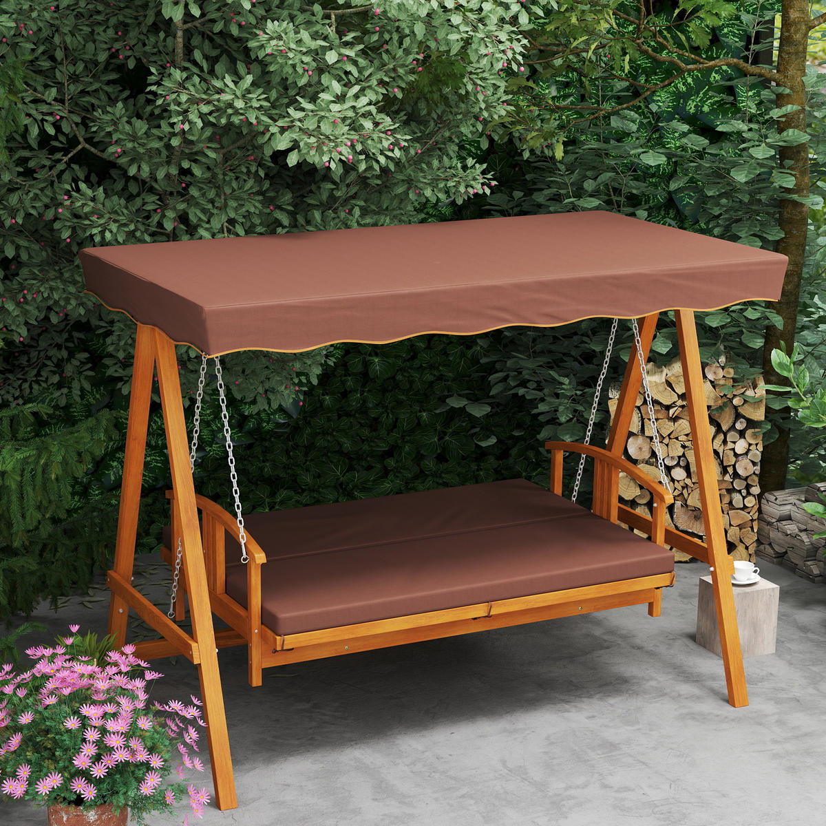 HOLLYWOODSCHAUKEL DE-07043 3-Sitzer, Echtholz, mit Liegefunktion Braun - Braun, Holz (236/181/130cm) - ComfortXL