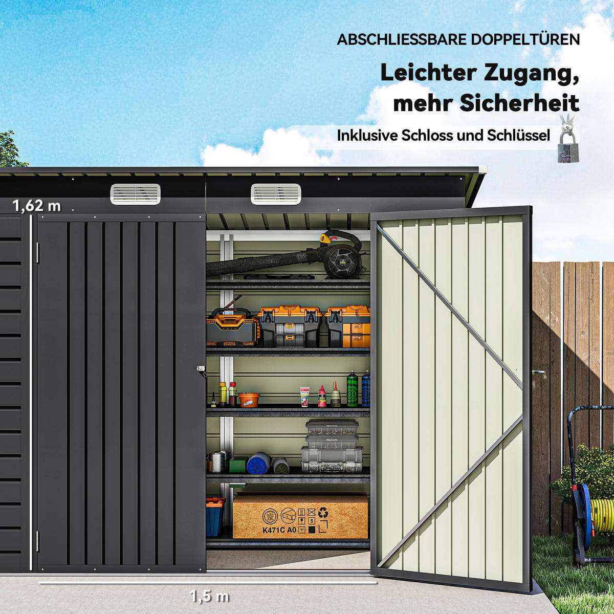 STAHLGARTENSCHUPPEN DE-08101 Doppeltüren, 2 Lüftungsschlitze Grau - Grau, Metall (121/183/249cm) - ComfortXL