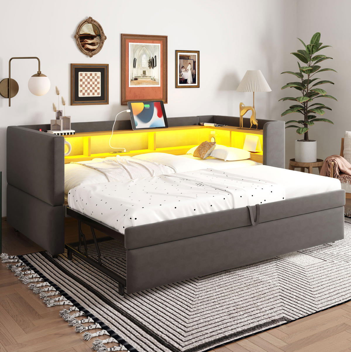 POLSTERBETT 90/180/190 cm Dunkelgrau aus Flanell mit LED-Beleuchtung und Steckdosen - Dunkelgrau, Textil (90/190cm) - OKMYHOME