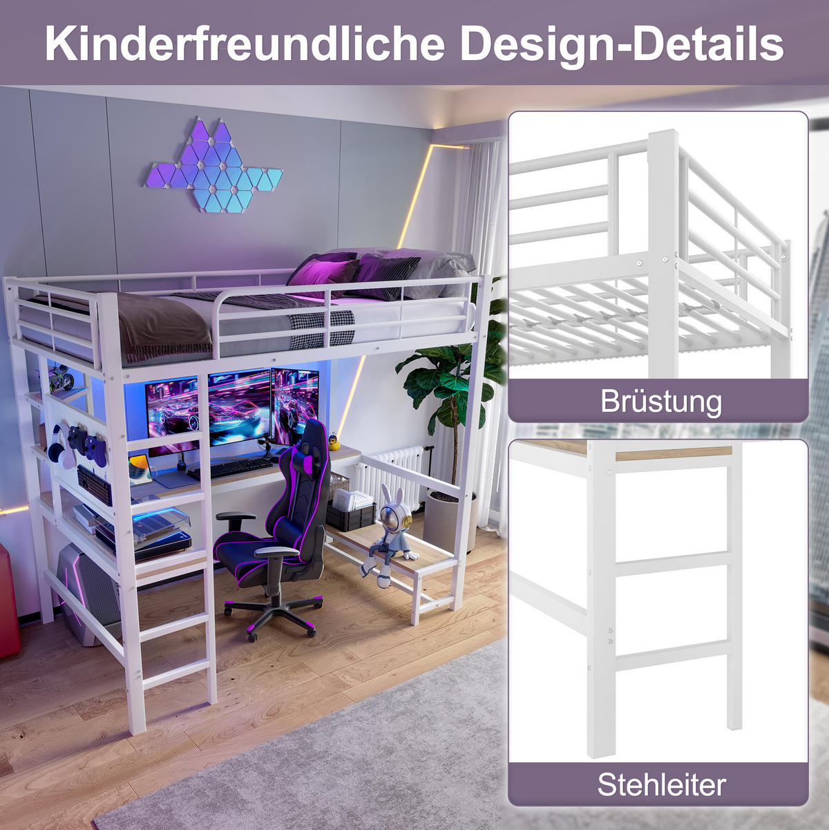 HOCHBETT 90/200 cm aus Metall mit Schreibtisch und LED-Leiste, Weiß - Weiß, Metall (90/200cm) - OKMYHOME