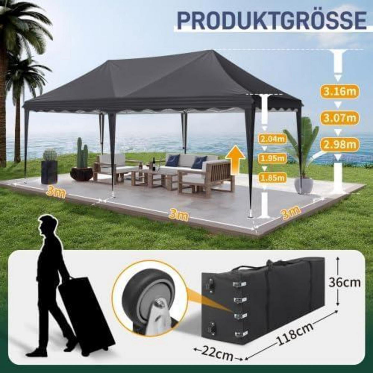 GARTENPAVILLON 3x6m höhenverstellbar wasserdicht mit 6 Seitenteilen dunkelgrau - Anthrazit, Textil (300/255/600cm)