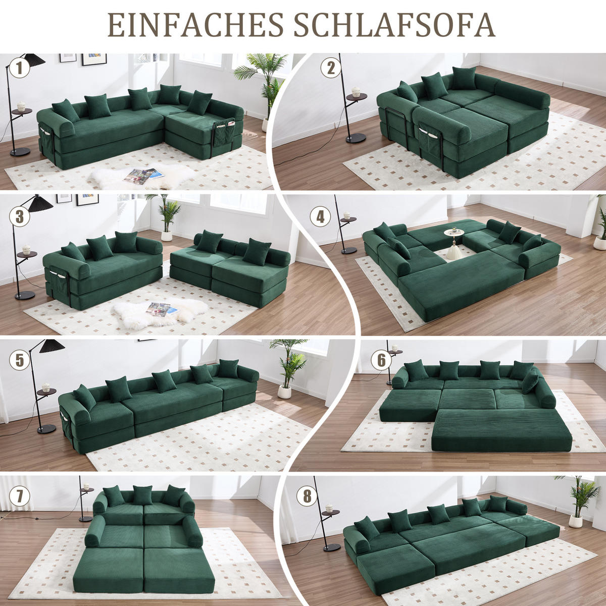 MODULARES Sofa 270/180/64 cm aus Cord mit Schlaffunktion und Seitentasche Smaragdgrün - Smaragdgrün, Textil (180/64/270cm) - Modenvie