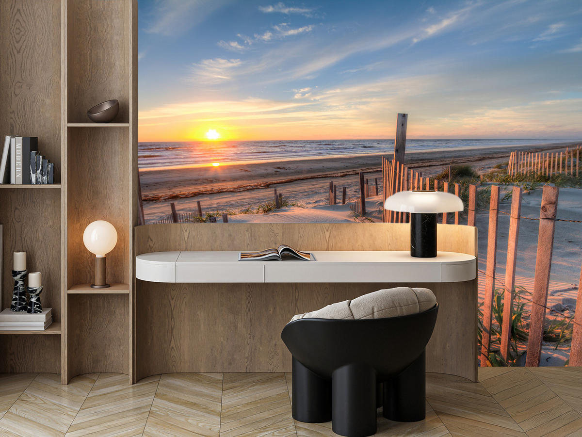 FOTOTAPETE für Wohnzimmer Sonnenaufgang Strand Meer Wellen Dünen 450x315 - Blau/Gelb, Papier (450/315cm) - Muralo