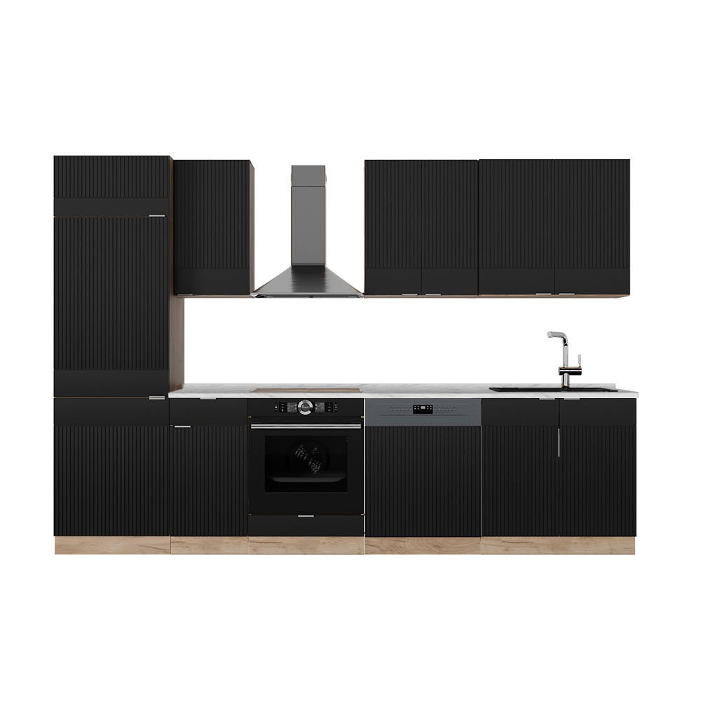 KÜCHENZEILE Fame-Line Schwarz gestreift/Goldkraft Eiche 300 cm ohne Arbeitsplatte - Eichefarben/Schwarz, Holzwerkstoff (300/206.8/51.6cm) - Vicco