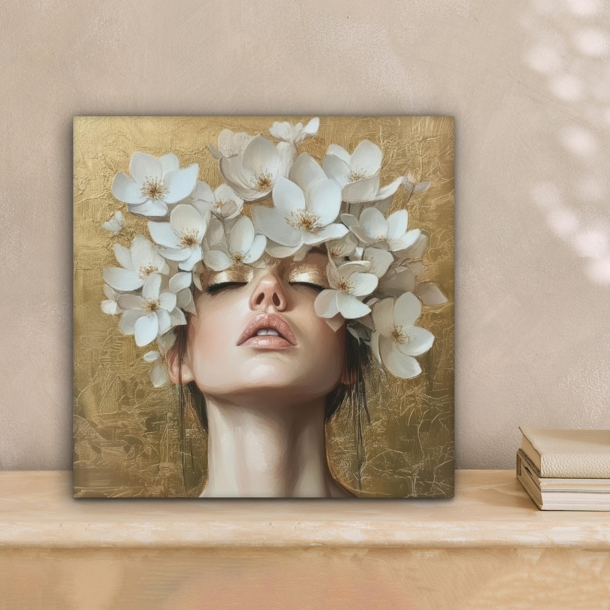 LEINWANDBILD Gesicht - Blumen - Gold - Abstrakt Deko Wohnzimmer 20x20 cm - Goldfarben, Textil (20/20cm) - MuchoWow