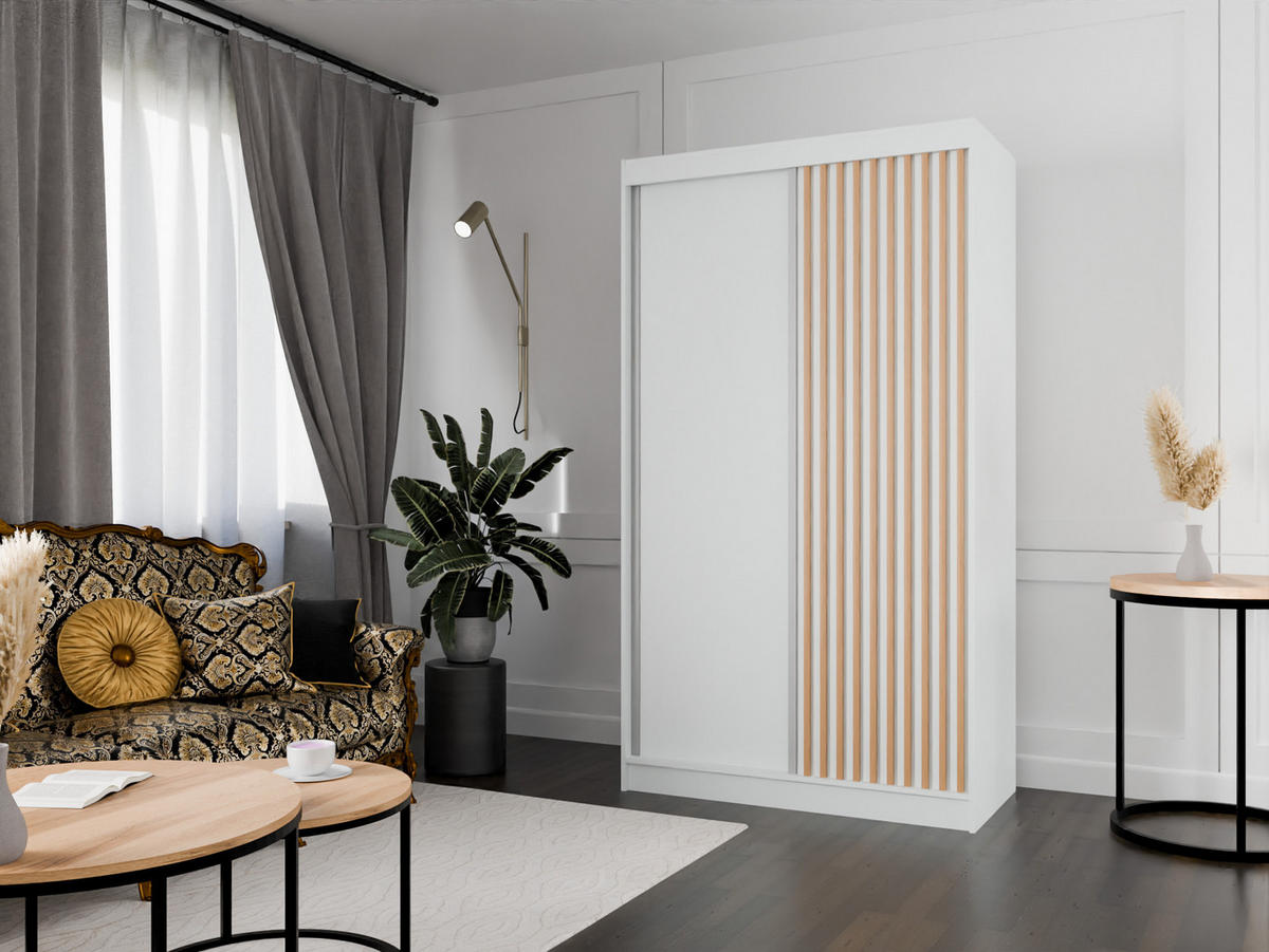 SCHIEBETÜRENSCHRANK LAMELIS - Eiche Wotan/Weiß, Holzwerkstoff (120/215/61cm) - Meblini