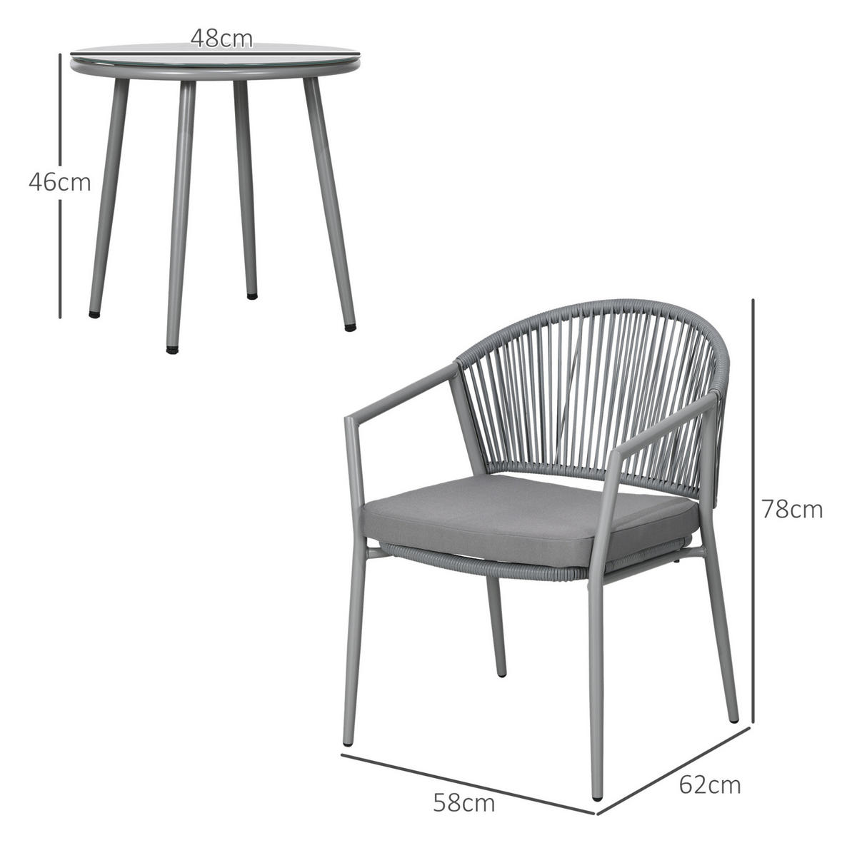 GARTENGARNITUR 3-teilig Ø48×46cm mit 2 Stühlen und Tisch,in Rattanoptik mit Kissen - Hellgrau, Naturmaterialen - Modfu