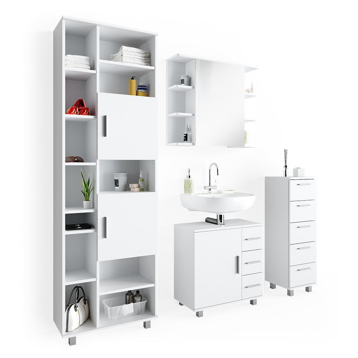 BADMÖBEL-SET Ilias Weiß 4 Teile, mit Hochschrank - Weiß, Holzwerkstoff (60/60/33cm) - Vicco