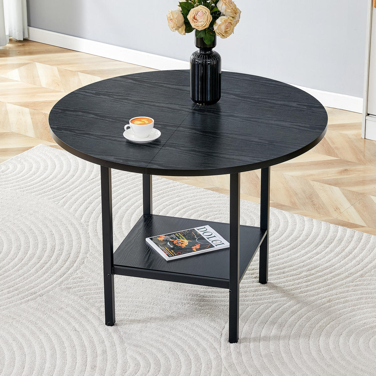 JEDÁLENSKÝ stôl 100 cm čierny, MDF a kov, s odkladacou policou, pre 4–6 osôb - čierna, kompozitné drevo (100/100/77cm) - BEAOK