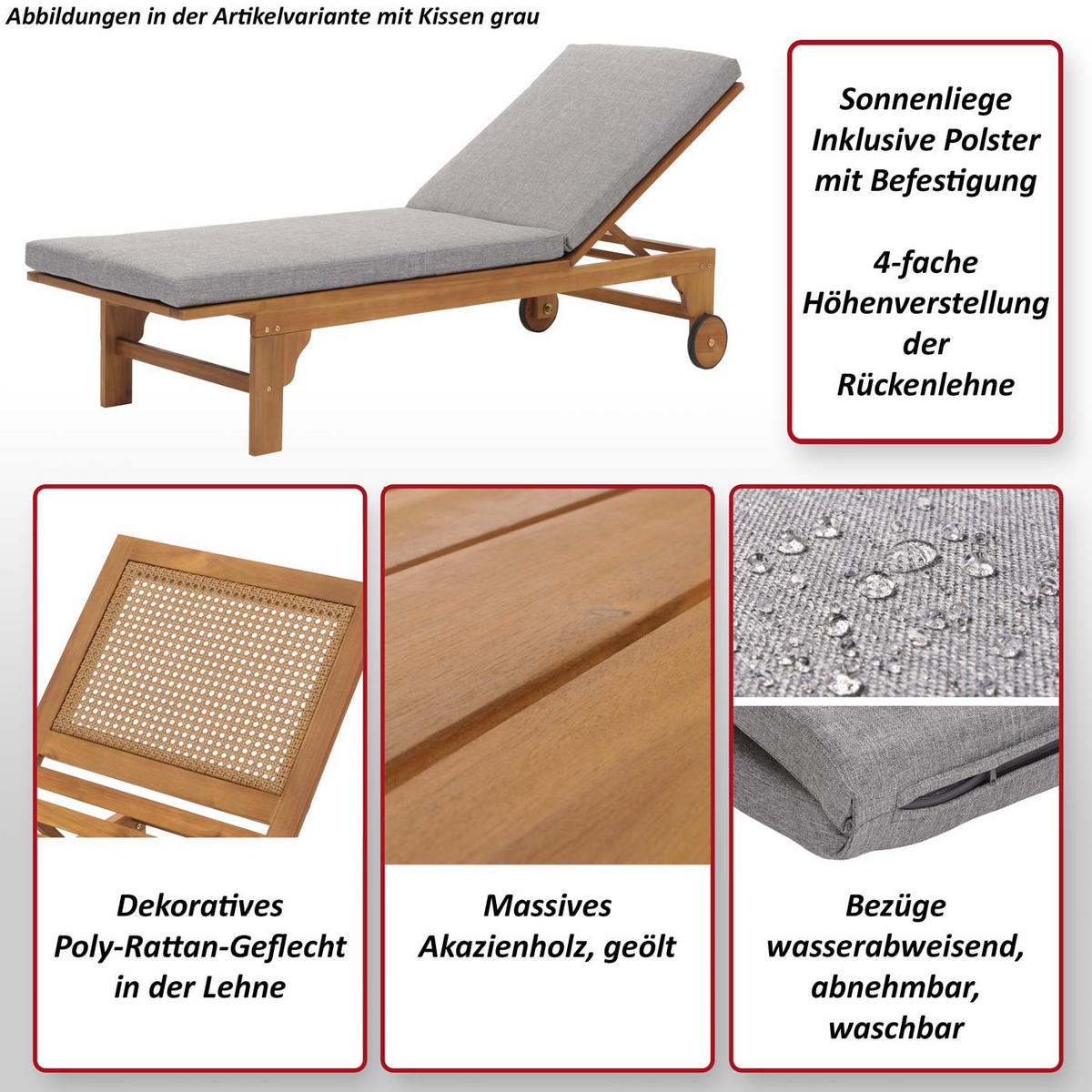 SONNENLIEGE Grau - Grau, Holz (66/110/200cm) - MCW