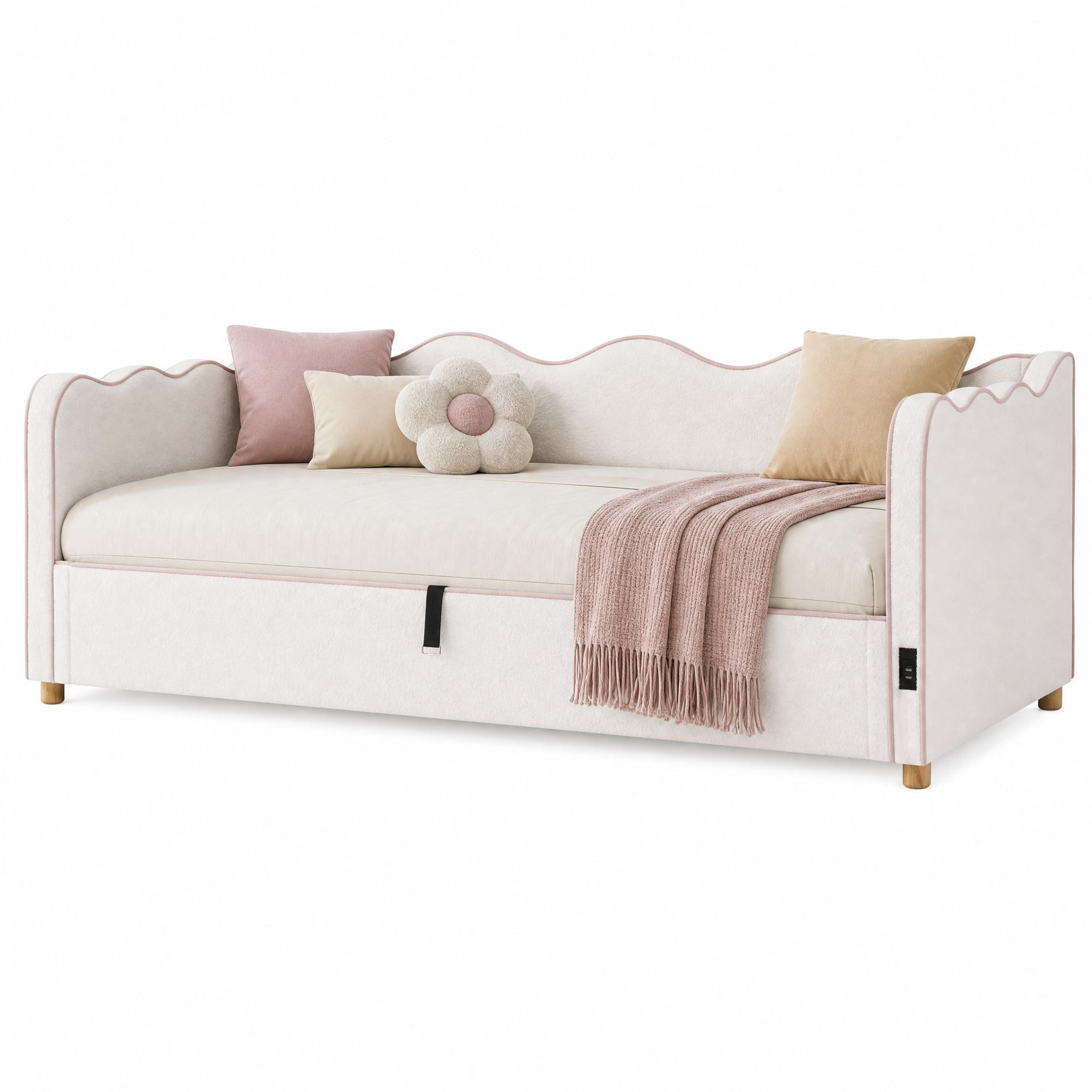 BETT mit Stauraum 90x200 cm Bouclé Beige - Pink, Metall (90/200cm) - Meubliv