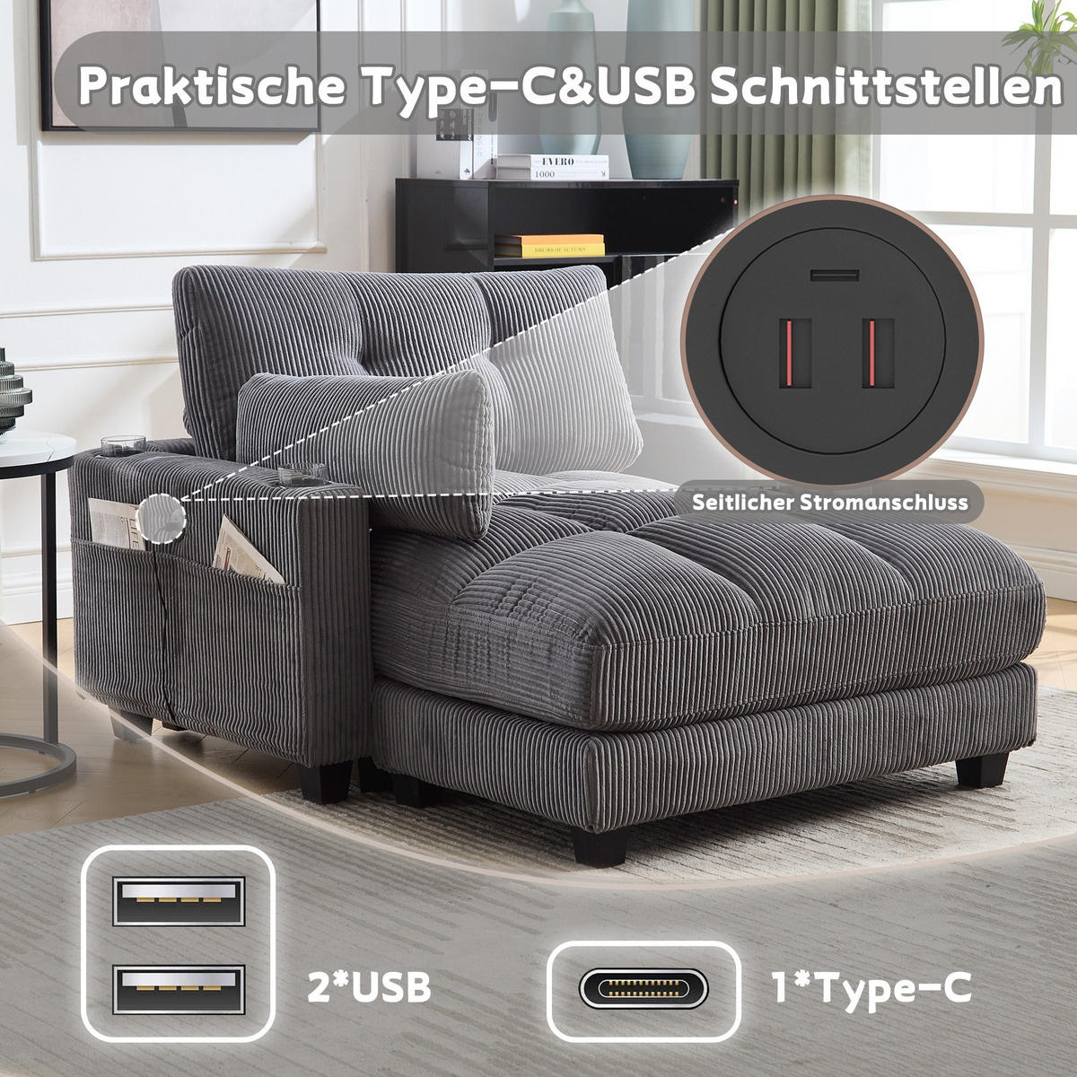 CHAISELONGUE Polsterliege,Ottomane,Sofa,Cordstoff,Grau - Grau, Textil (112/81/140cm) - LVHOM